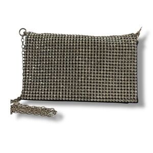 Silver Crystal Evening Bag Encrusted Chain Strap Black